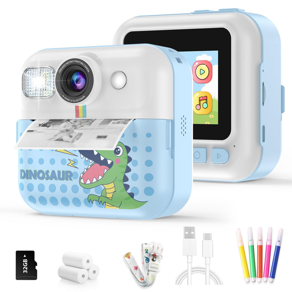 BOFIDAR instant print camera for kids, blue body, prints photos instantly.