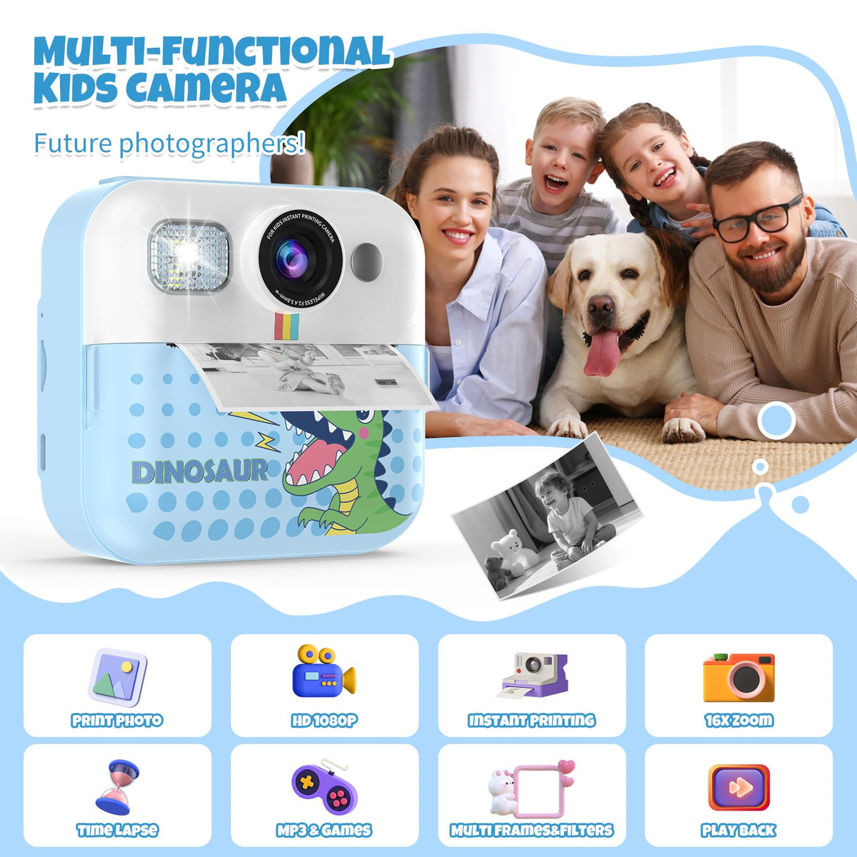 BOFIDAR kids camera with blue display records 1080p video for memories.