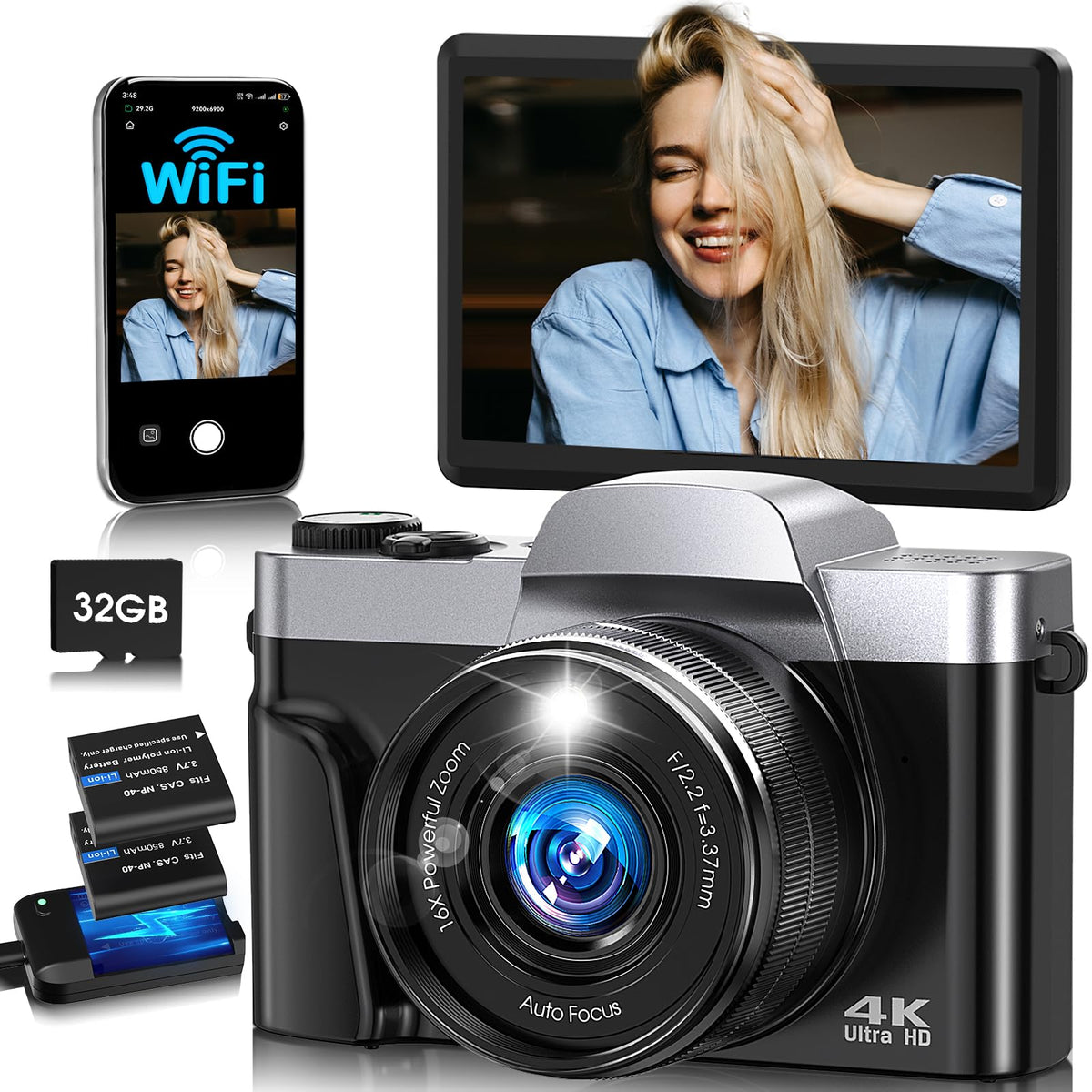 Bofypoo 4K camera front view showcases a compact, travel ready design.
