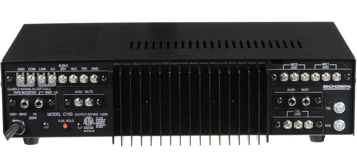 Bogen 100 WATT Amplifier on a desk setup delivering versatile home studio sound.