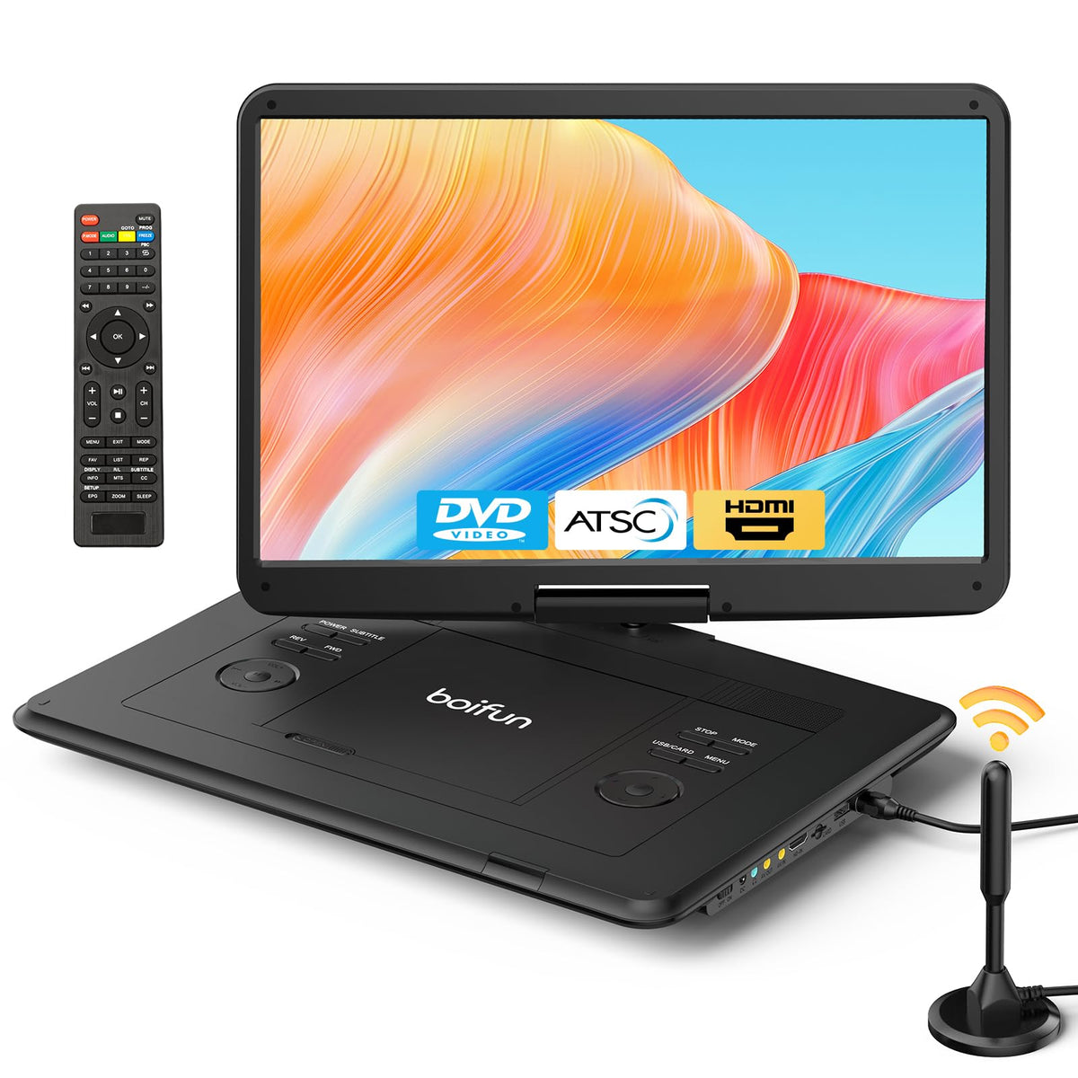 Boifun portable DVD player on a 15-6-inch HD screen for clear viewing.