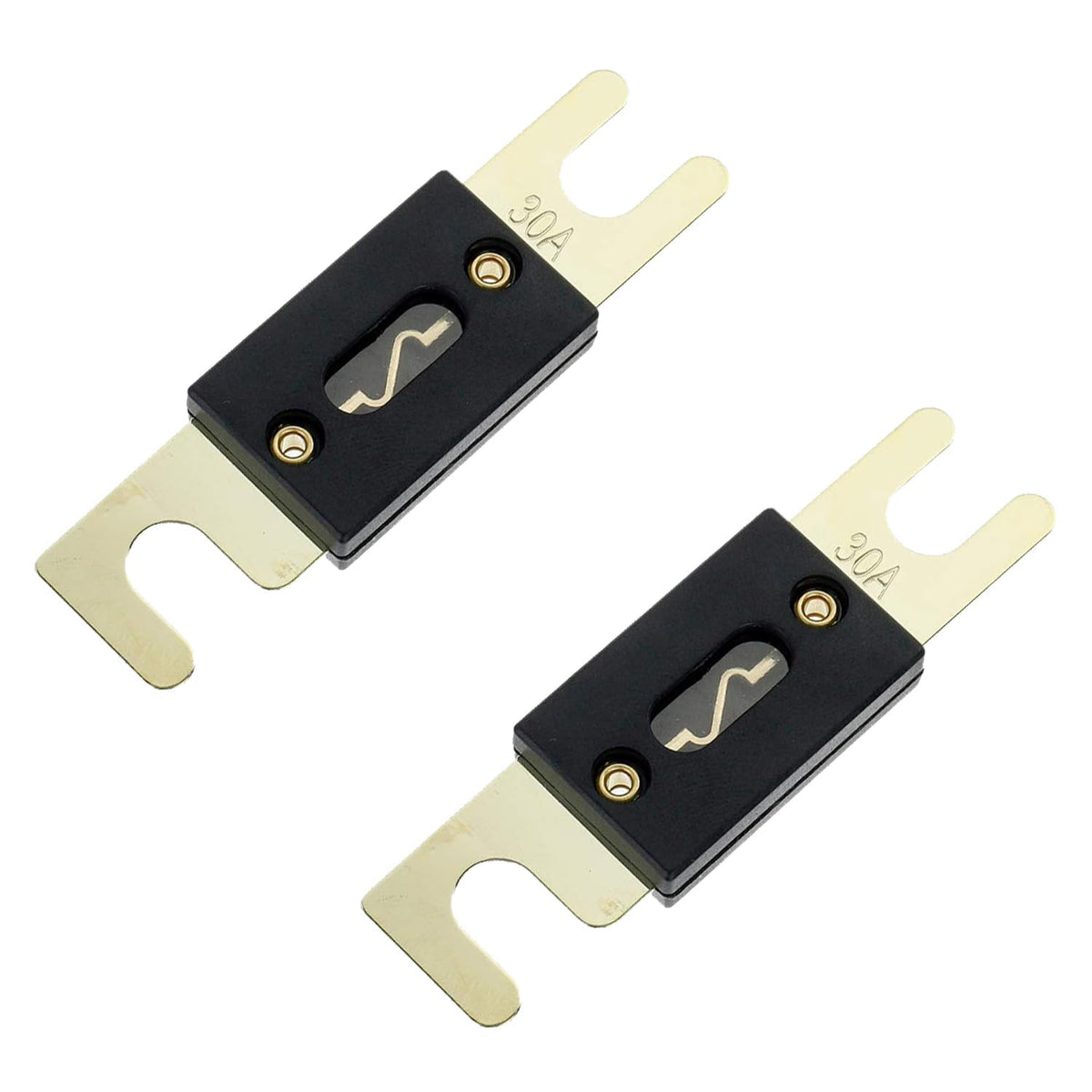 Close-up of gold-plated terminals on BOJACK ANL fuse holder for corrosion resistance