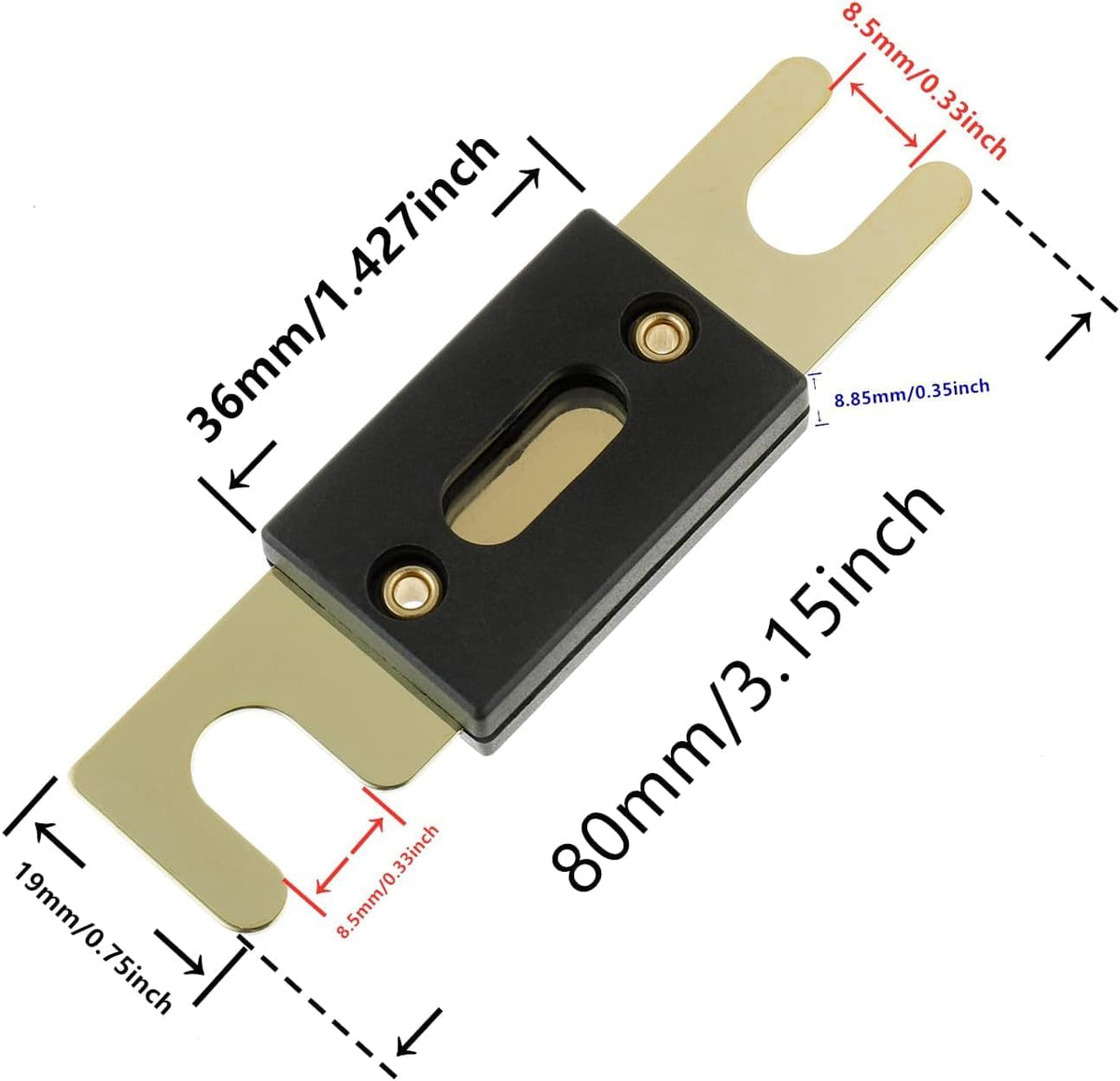 Front view of BOJACK 32VDC fuse system showing 80x22.5x9 mm fuse