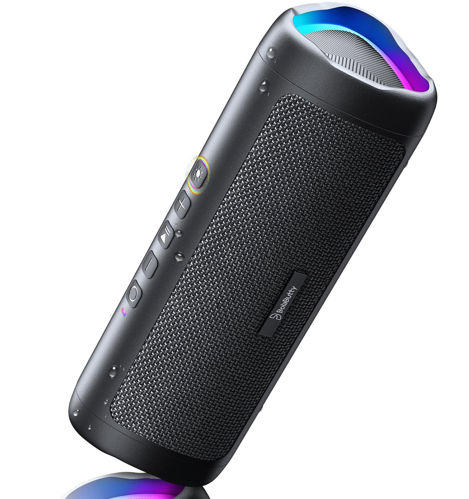 BolaButty Bluetooth speaker front view in black delivering powerful sound for home listening