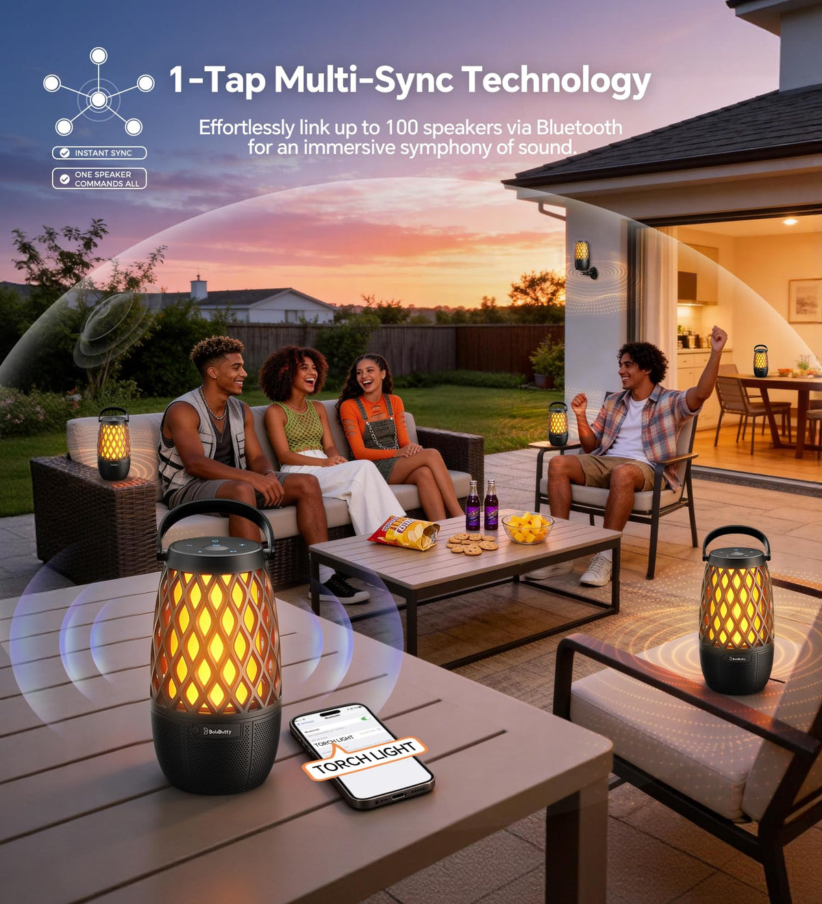BolaButty multi-sync up to 100 speakers for larger sound.