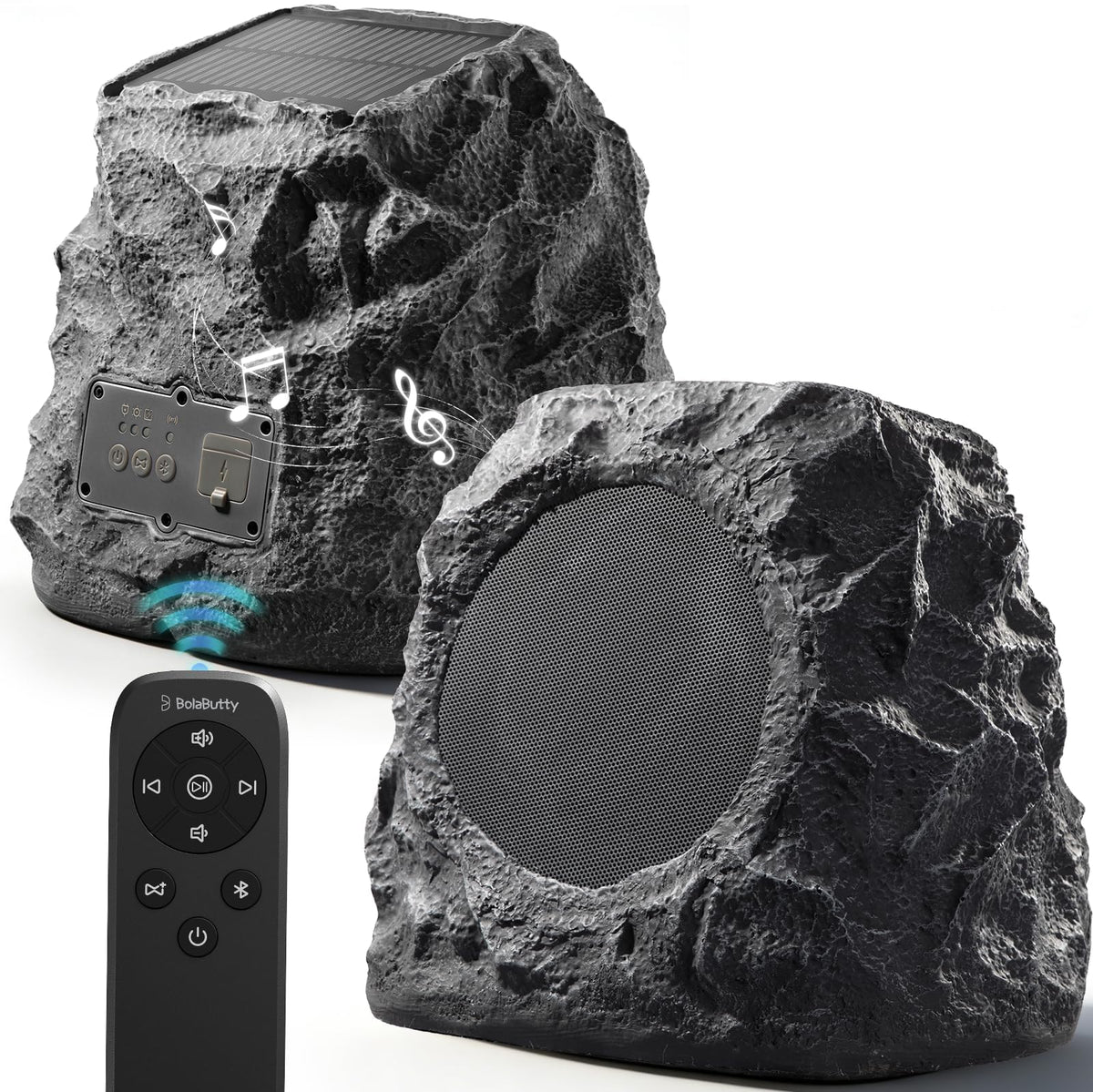 BolaButty outdoor rock speaker delivering deep bass for immersive backyard sound.