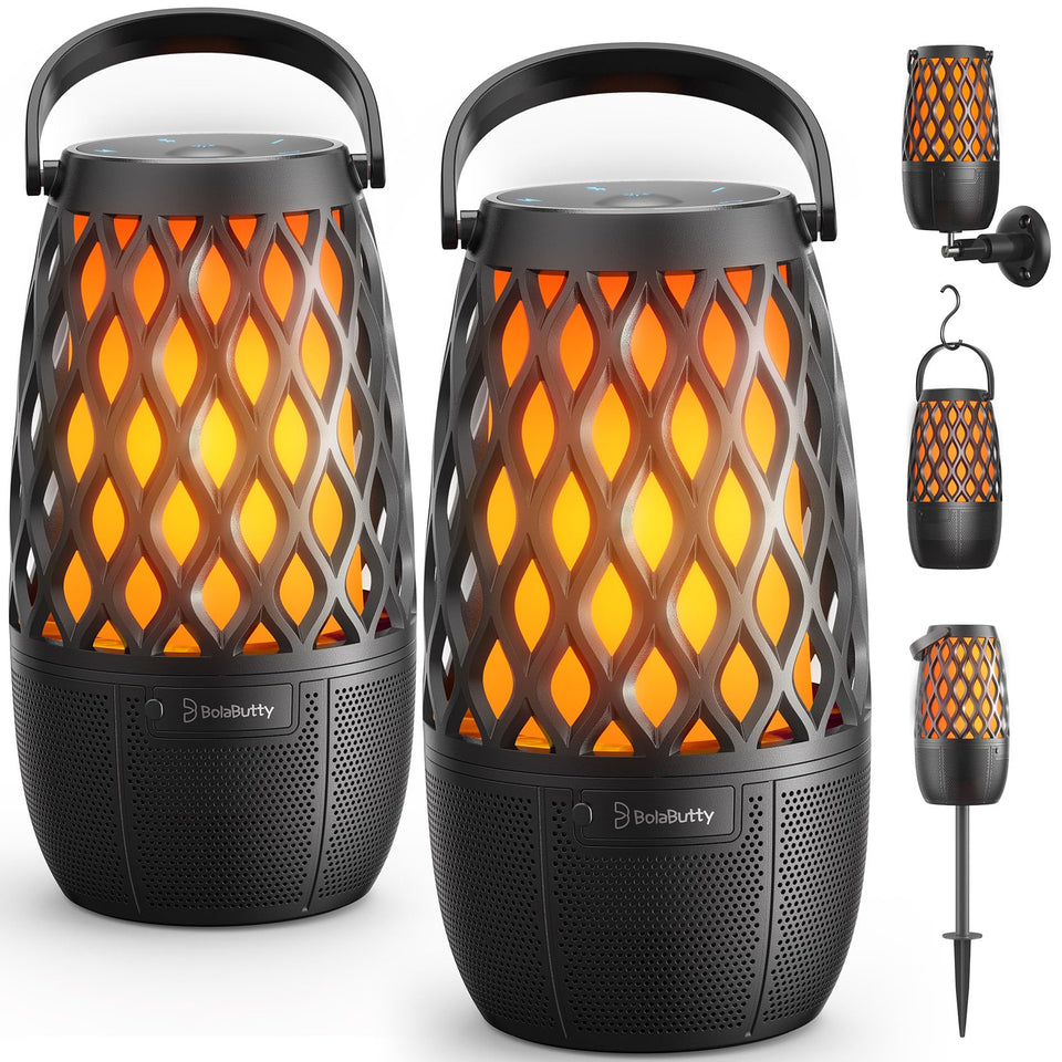 BolaButty outdoor speaker with 360° sound and LED lights for outdoor listening.