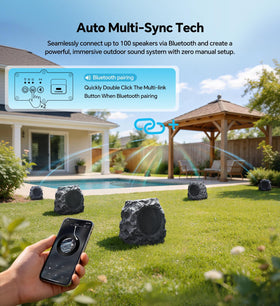 Solar-powered BolaButty rock speaker charging while playing poolside music.