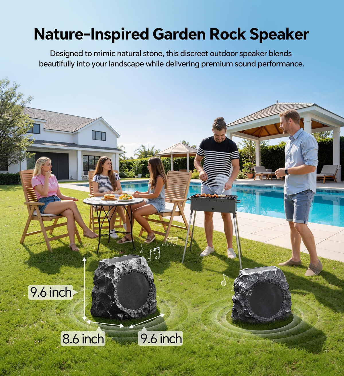 Two BolaButty rock speakers providing synchronized audio across patio and garden.