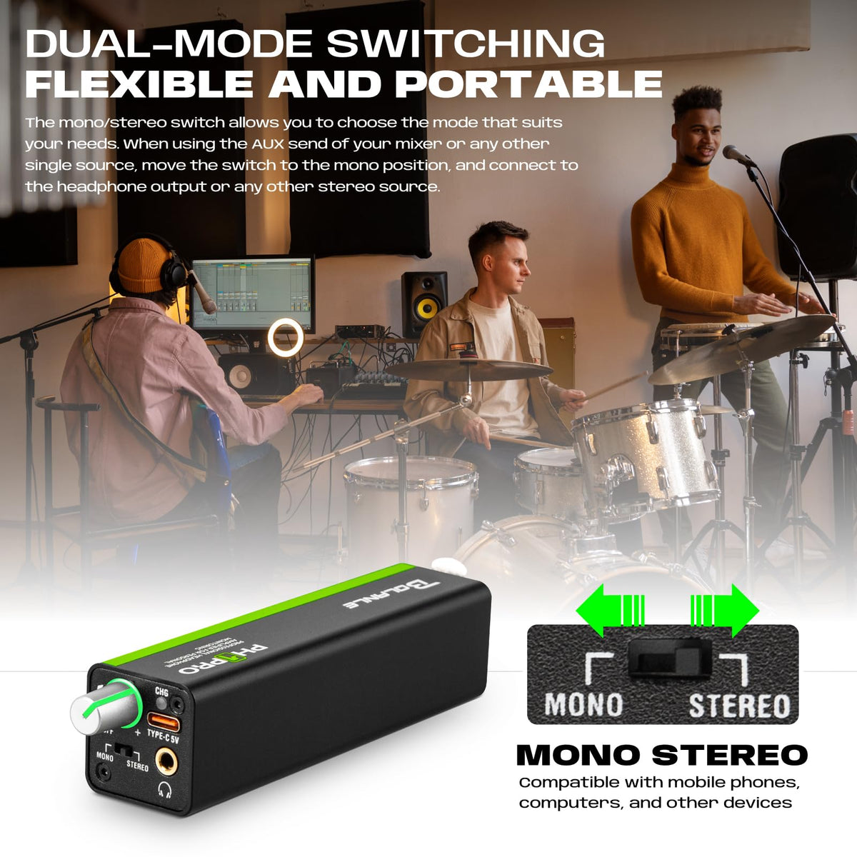 Bolanle PH1 PRO clipped to belt showing secure hands-free stage use