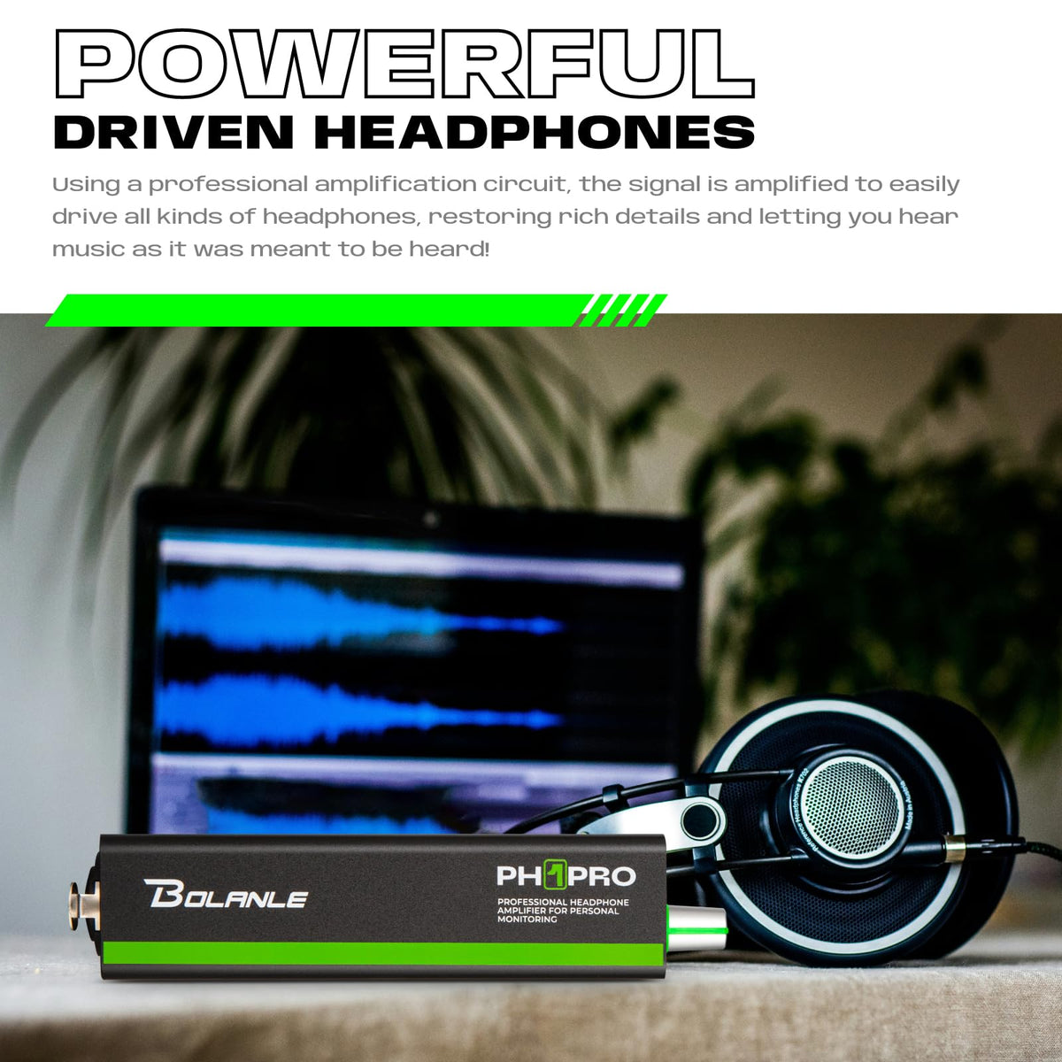 Bolanle PH1 PRO close-up of volume knob and stereo/mono switch for precise control