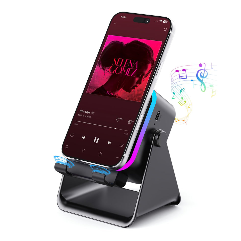 BOLONMI induction speaker on a stand ready for hands-free viewing