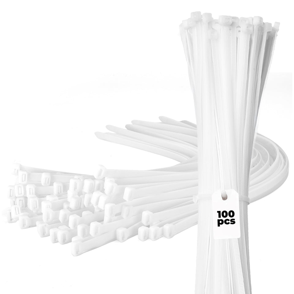 Bolt Dropper 15-inch white zip ties securing cables in a neat indoor setup.