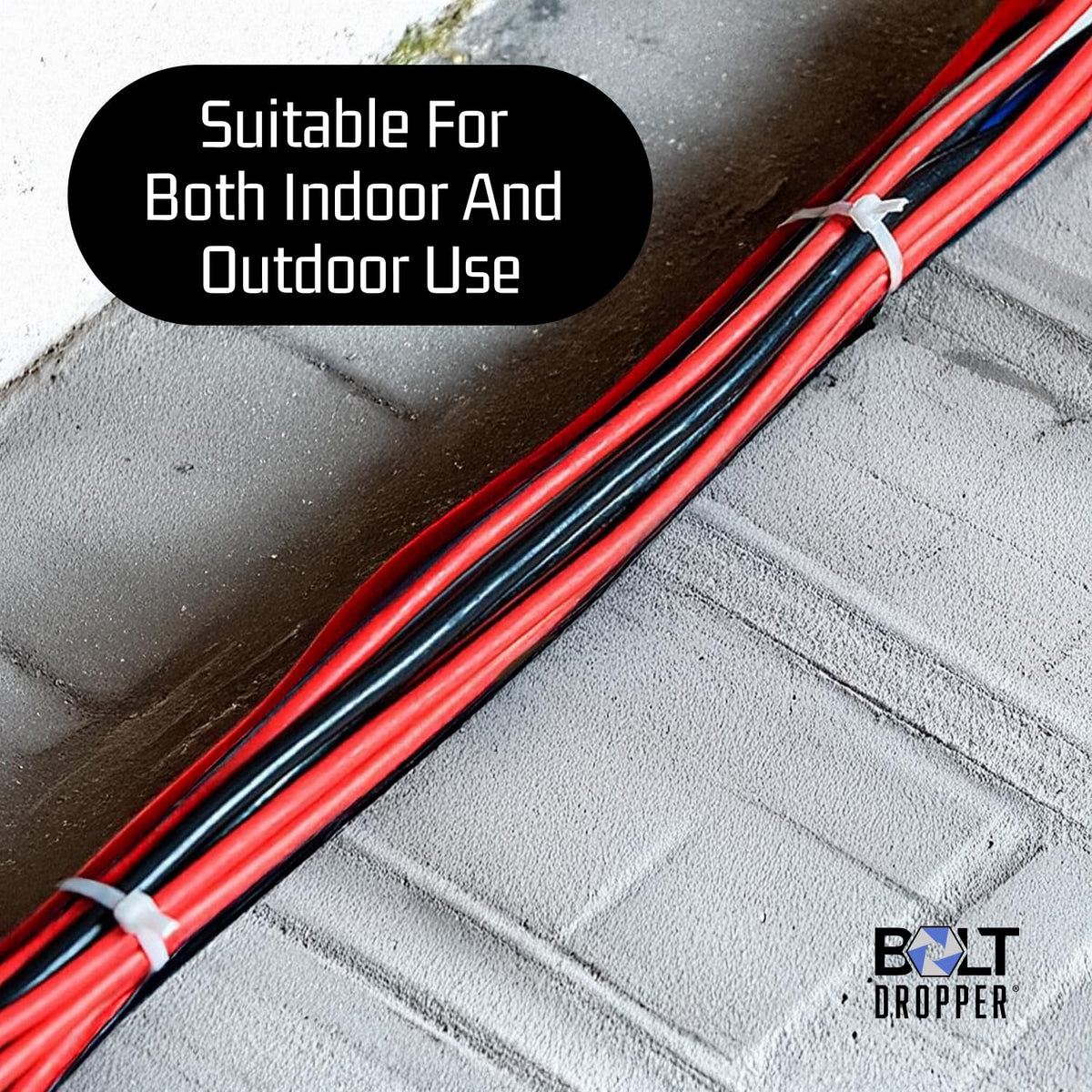 Bolt Dropper zip tie outdoors shows weatherproof design for durable outdoor projects.