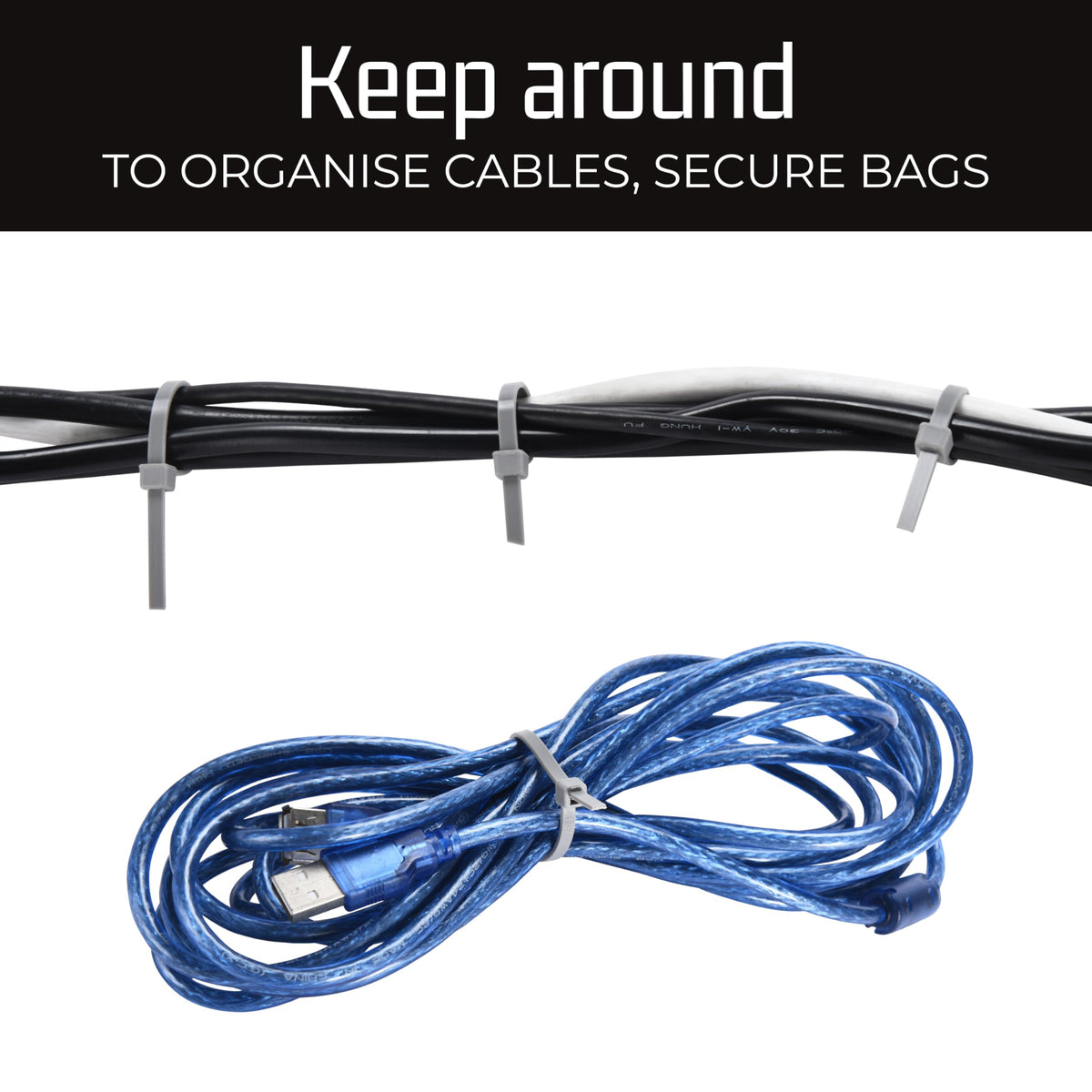 Bolt Dropper securing bundled cables under a desk, showing tidy cable management benefit