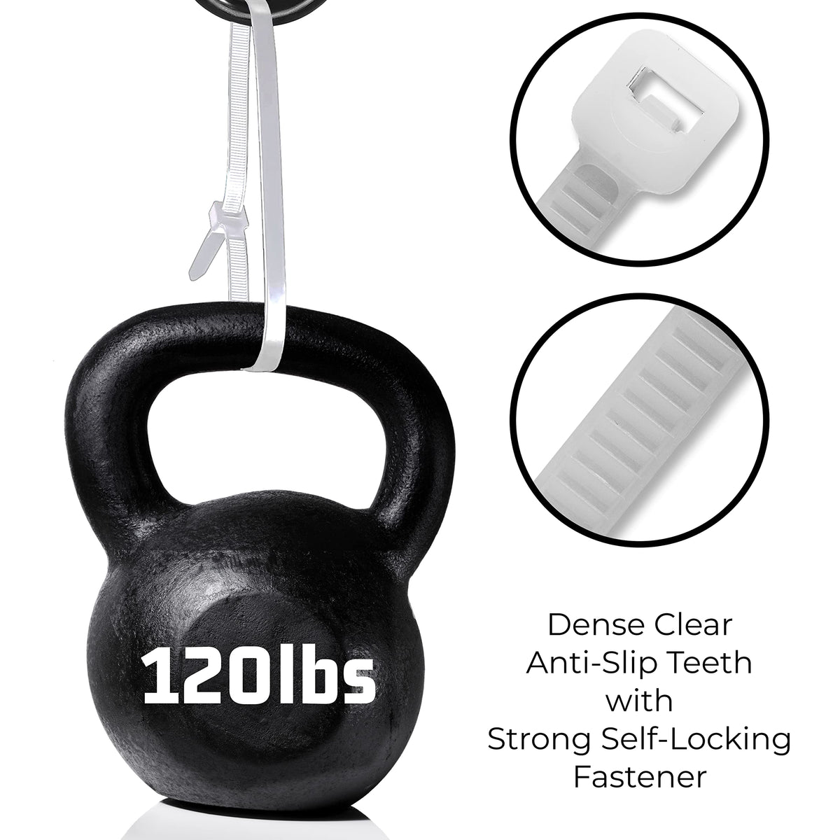 Bolt Dropper self-locking nylon zip ties showing a secure 120 lbs hold.