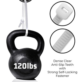 Bolt Dropper self-locking nylon zip ties showing a secure 120 lbs hold.