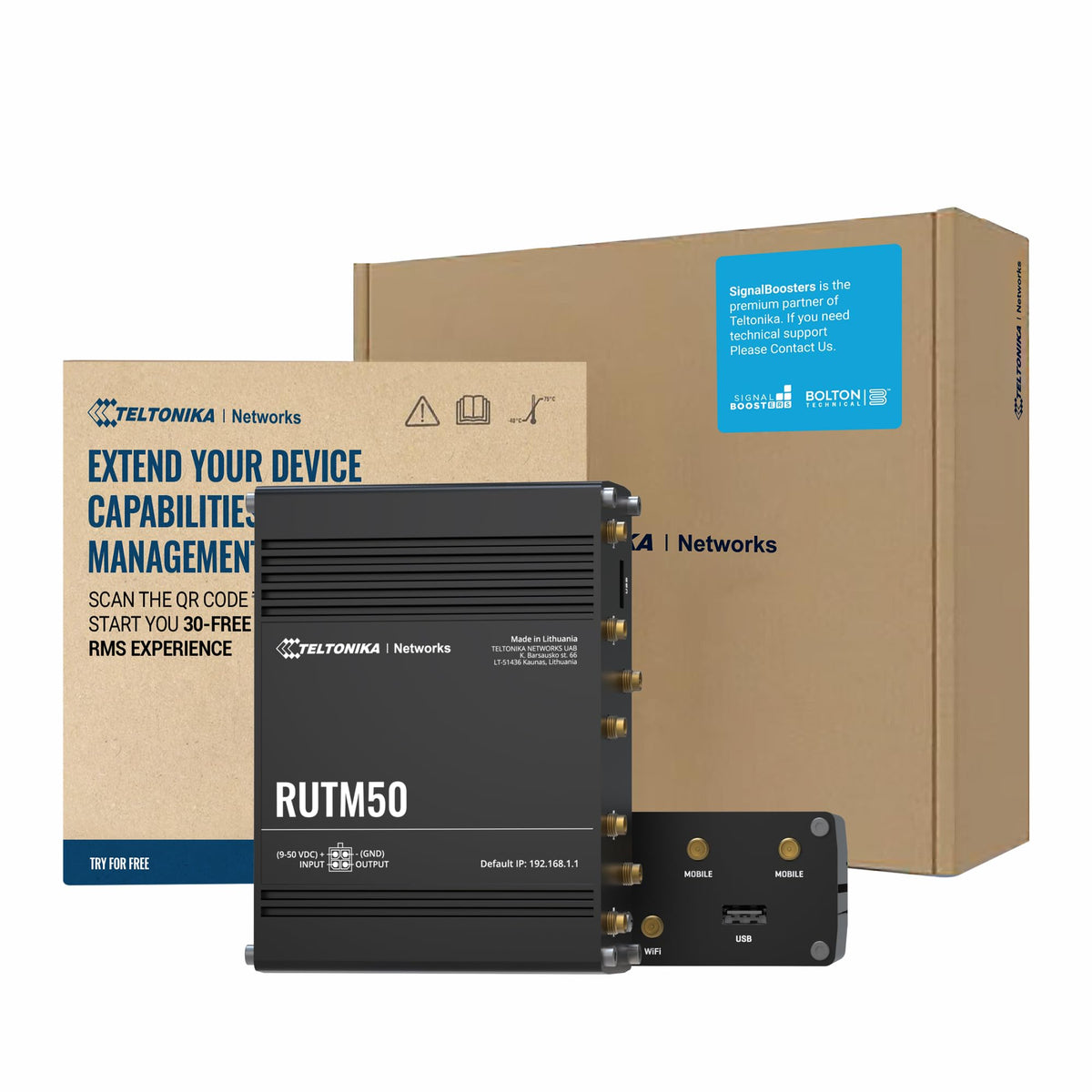 Bolton Technical Teltonika RUTM50 front view showing rugged router