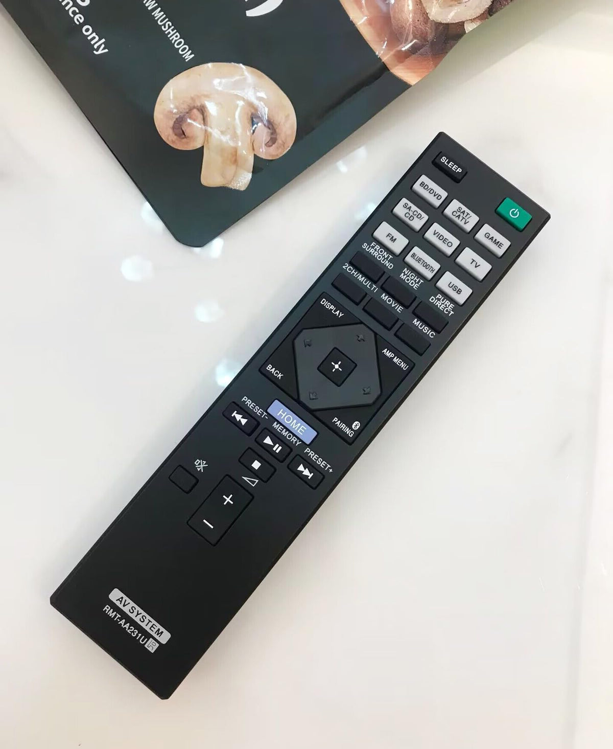 BOMAZ remote pointed at Sony receiver showing compatibility and convenient control