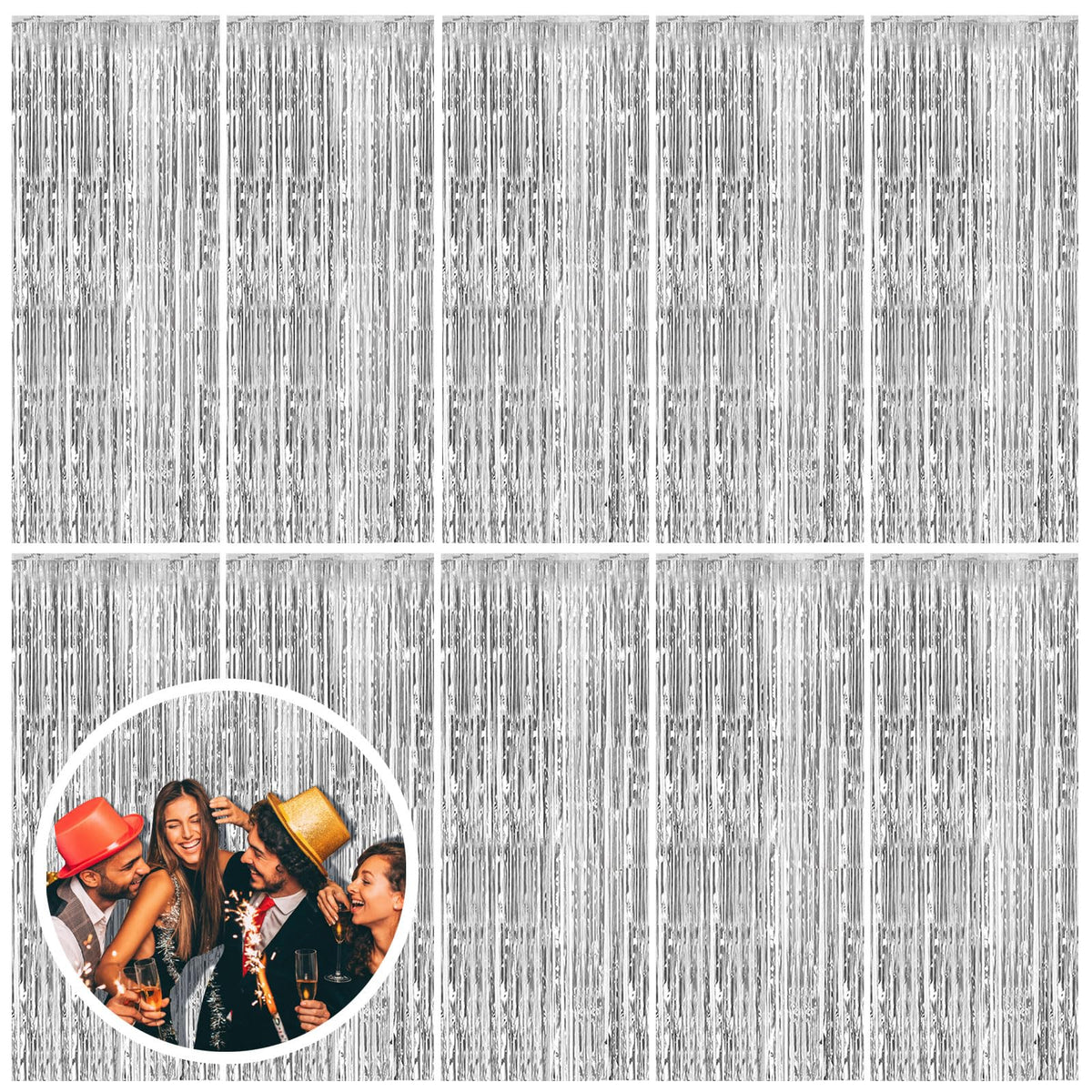 BOMSI 10-pack silver backdrop curtains decorate your party entrance with shimmering light.
