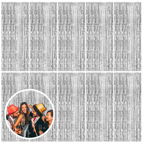 BOMSI 10-pack silver backdrop curtains decorate your party entrance with shimmering light.