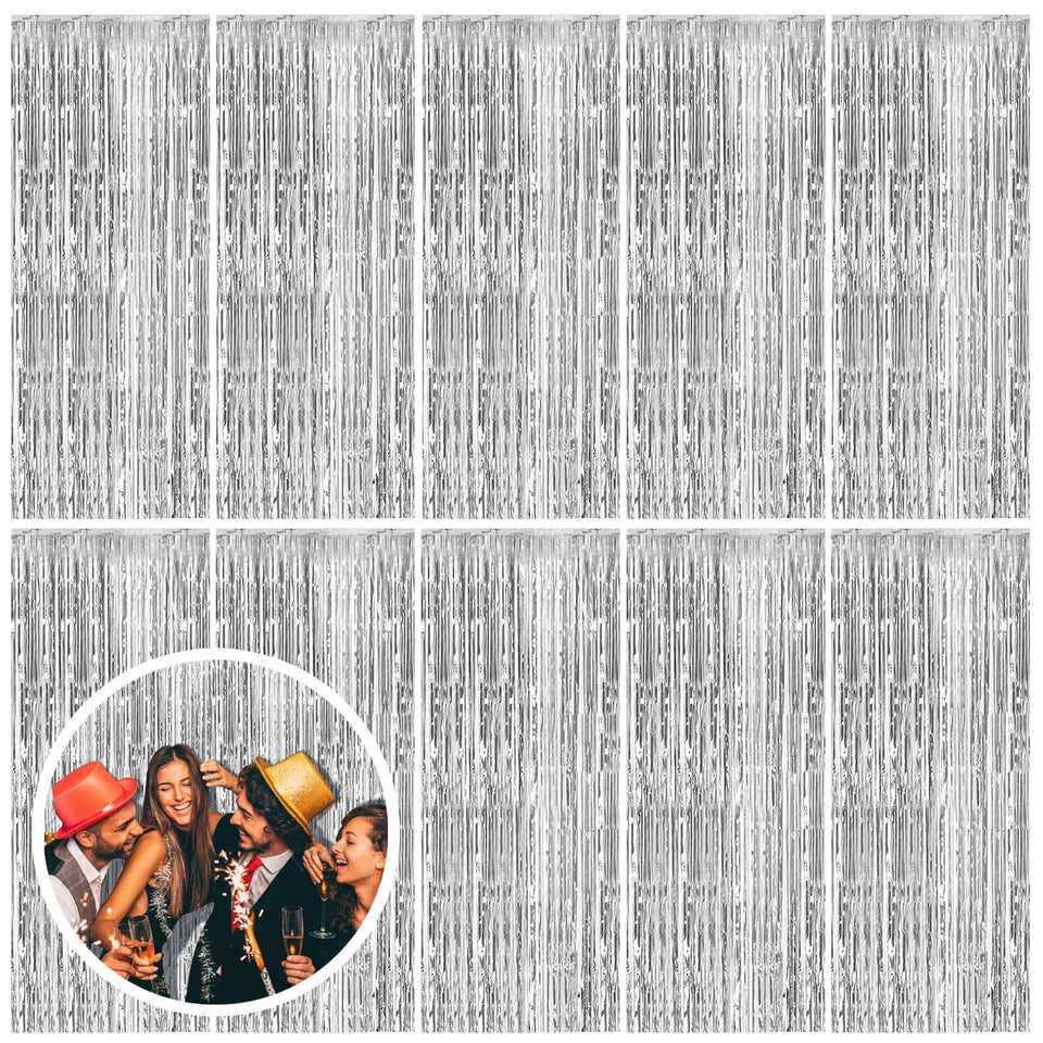 BOMSI 10-pack silver backdrop curtains decorate your party entrance with shimmering light.