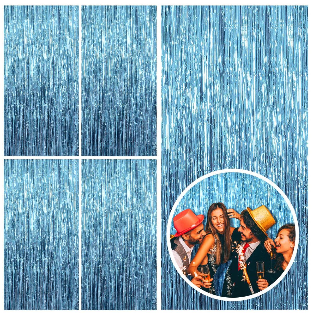 BOMSI 5pack blue backdrop curtain tinsel streamers enhances party photos