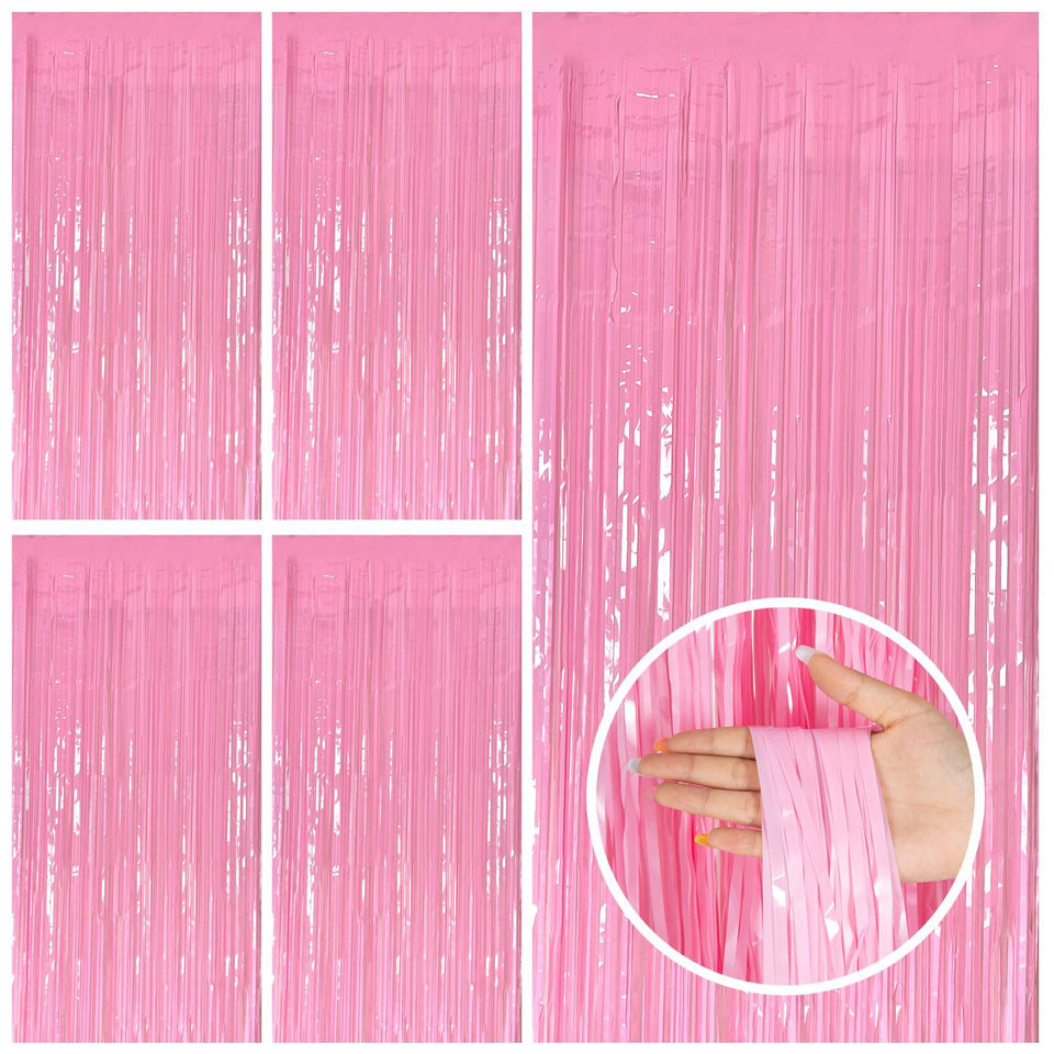 BOMSI 5-pack pink tinsel curtains backdrop for vibrant party photos