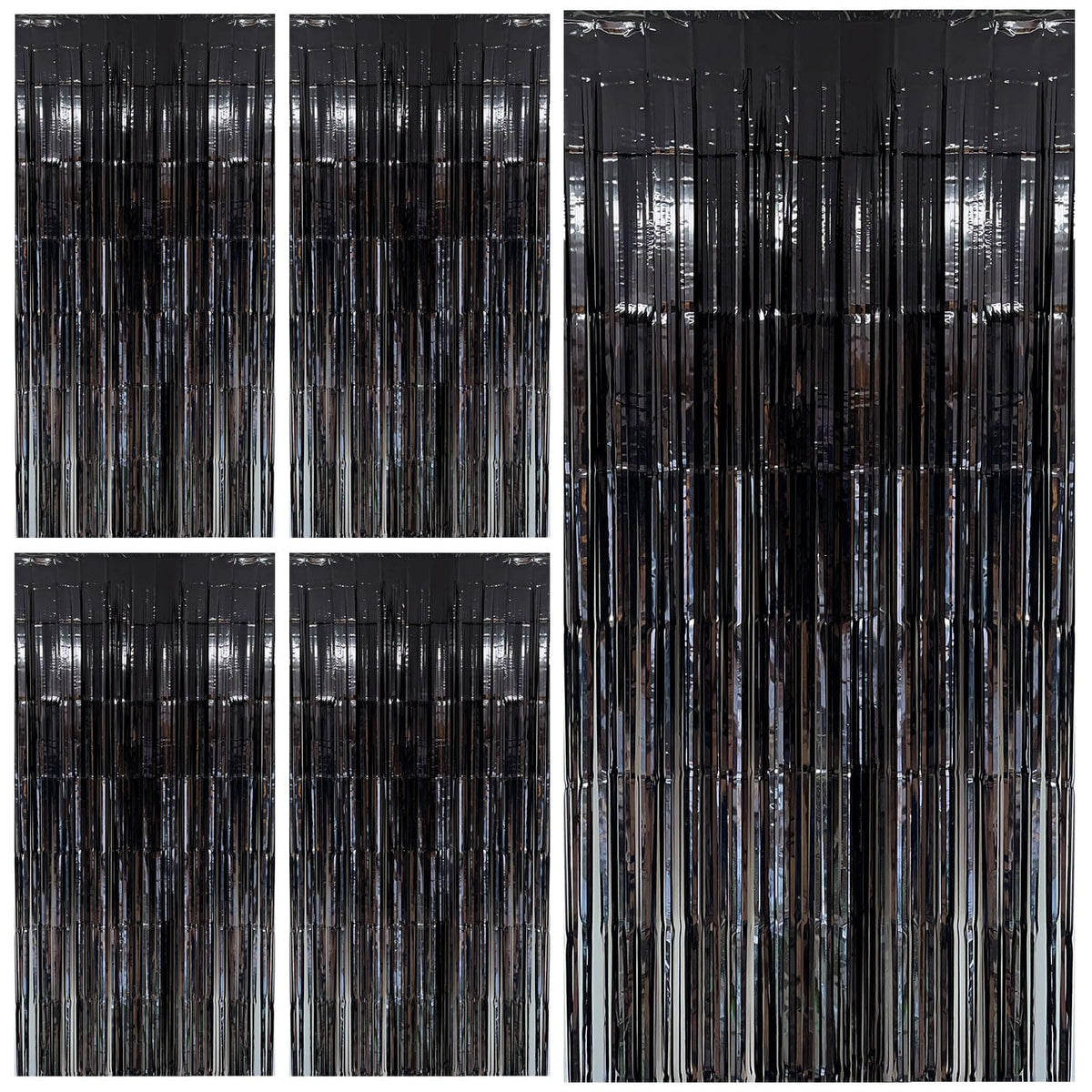 BOMSI black foil fringe backdrop curtain for dramatic party walls and entrances.