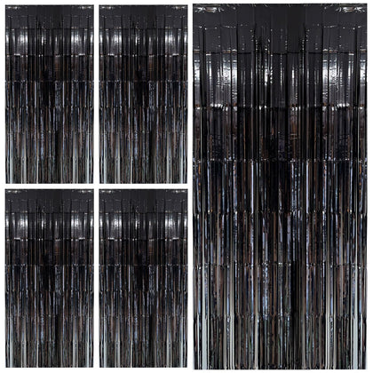 BOMSI black foil fringe backdrop curtain for dramatic party walls and entrances.