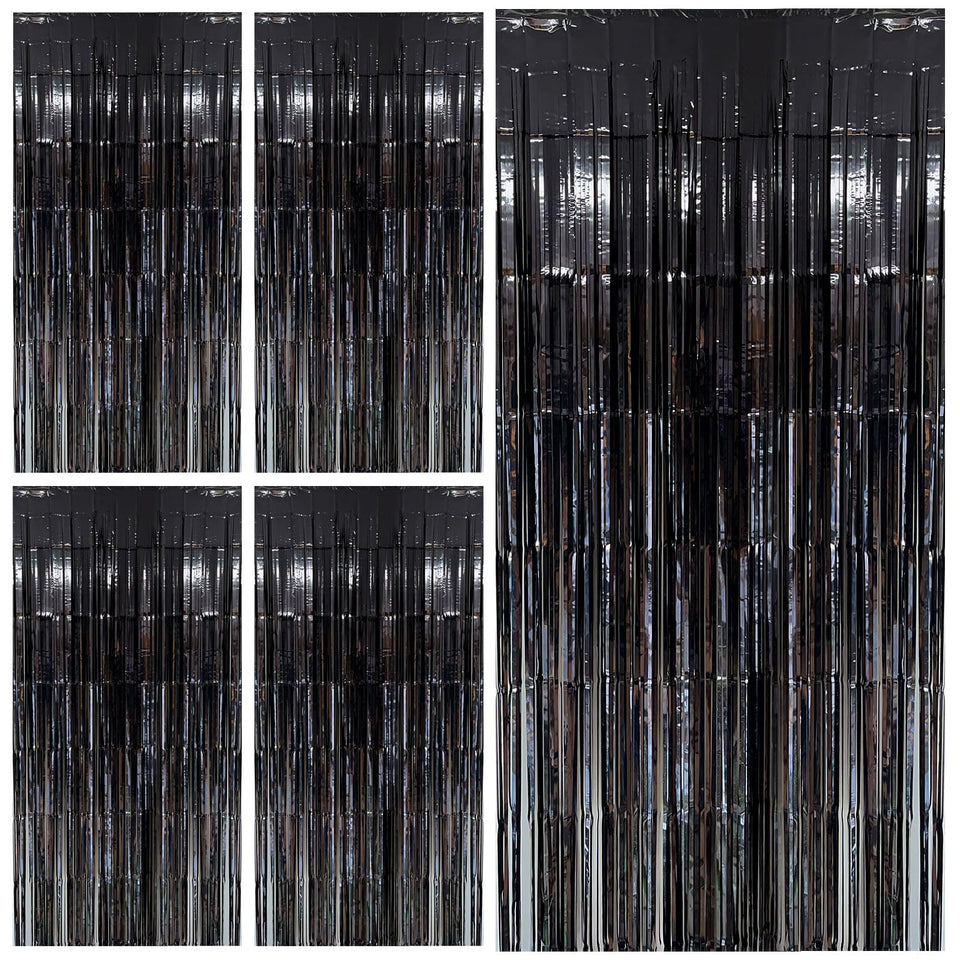 BOMSI black foil fringe backdrop curtain for dramatic party walls and entrances.