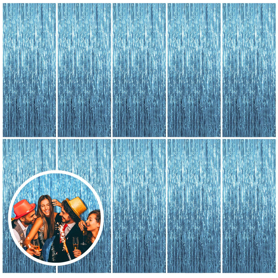 BOMSI blue backdrop curtain with tinsel streamers for a dazzling party photo backdrop
