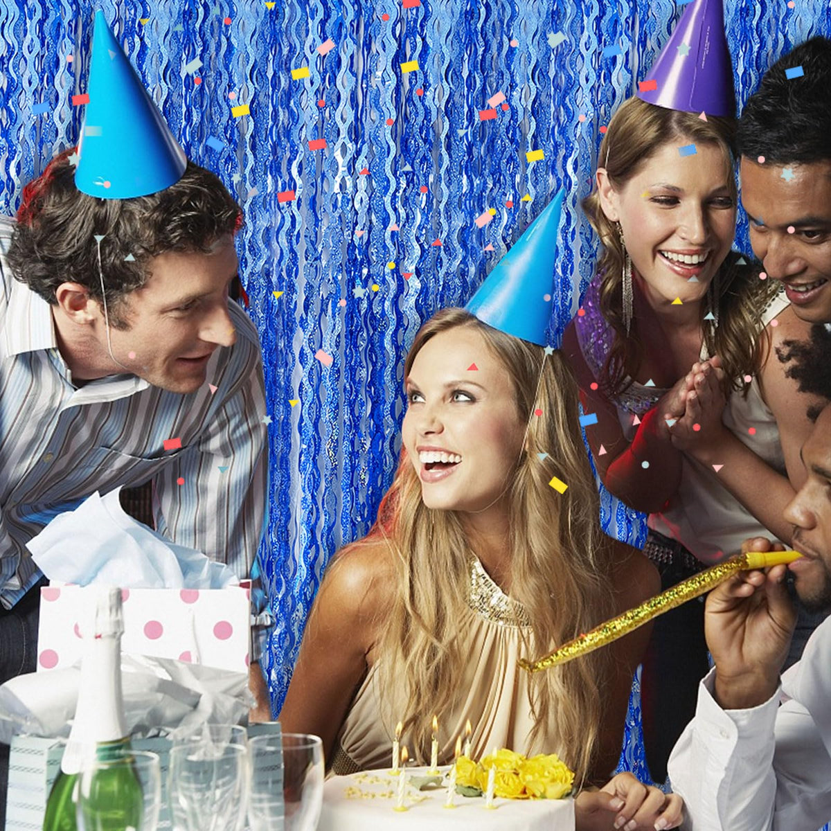 BOMSI blue tinsel fringe curtain creates festive flair for a birthday celebration