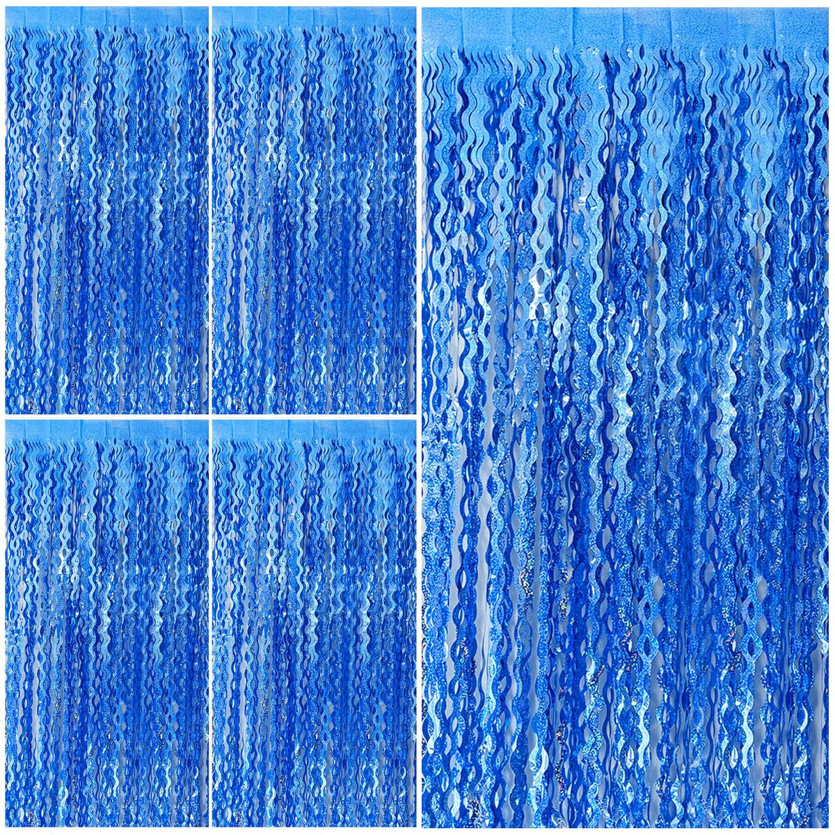 BOMSI blue tinsel fringe curtain hanging over a doorway, adding a sparkling entrance for parties