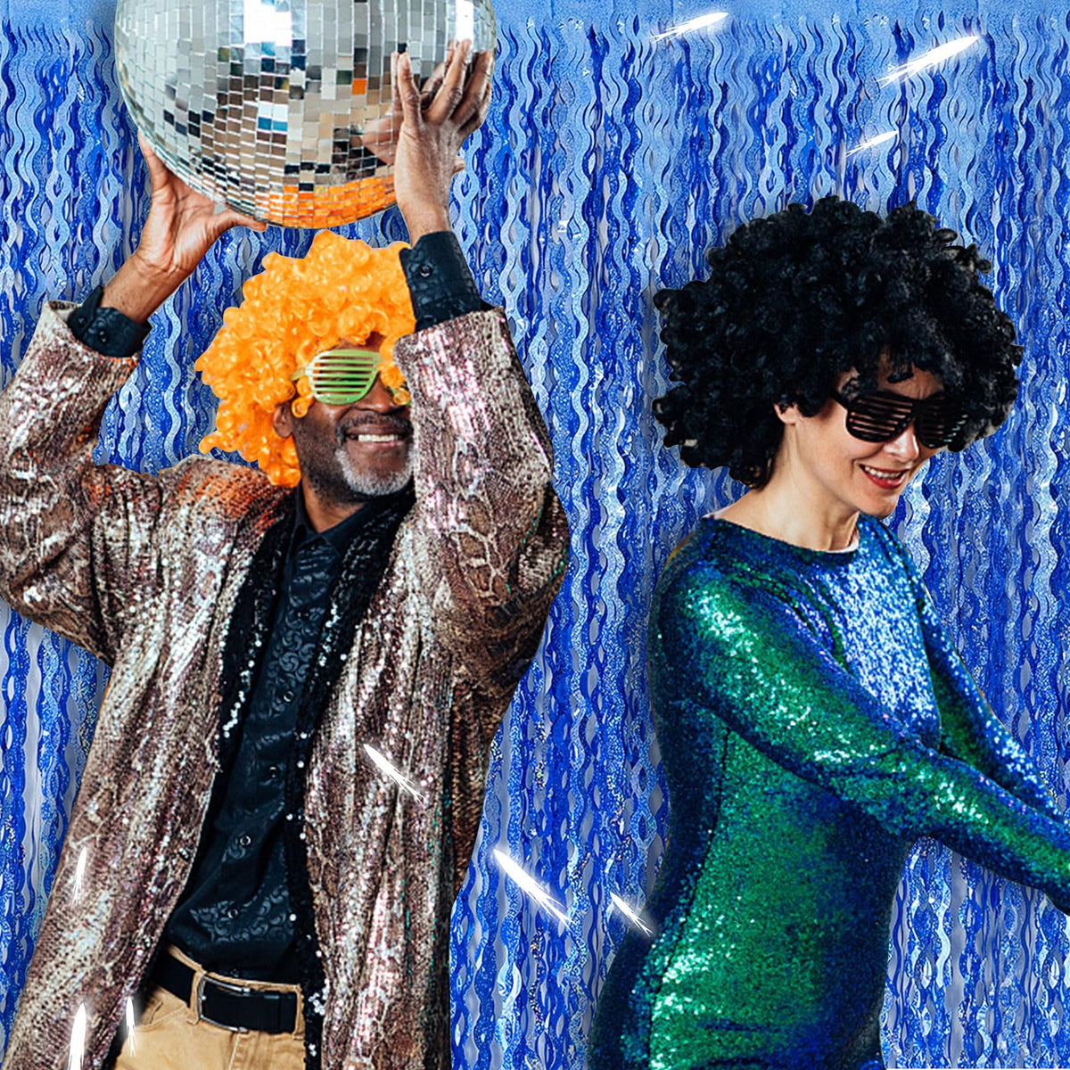 BOMSI blue tinsel fringe curtain enhances a photo booth backdrop with shimmer