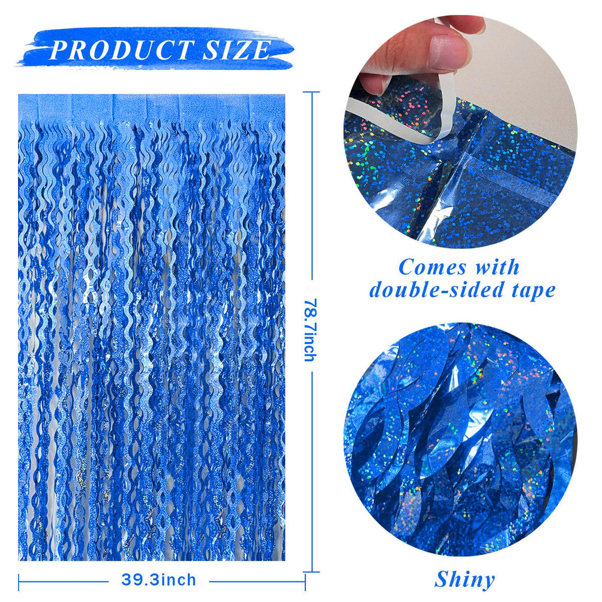 BOMSI blue tinsel fringe curtain draped on a wall for a dramatic party backdrop