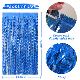 BOMSI blue tinsel fringe curtain draped on a wall for a dramatic party backdrop