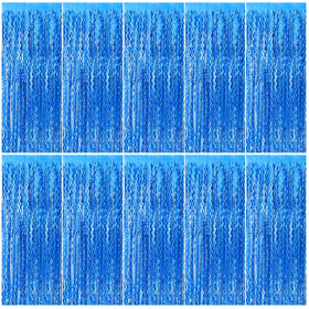 BOMSI blue wavy tinsel curtain over doorway adds party sparkle.