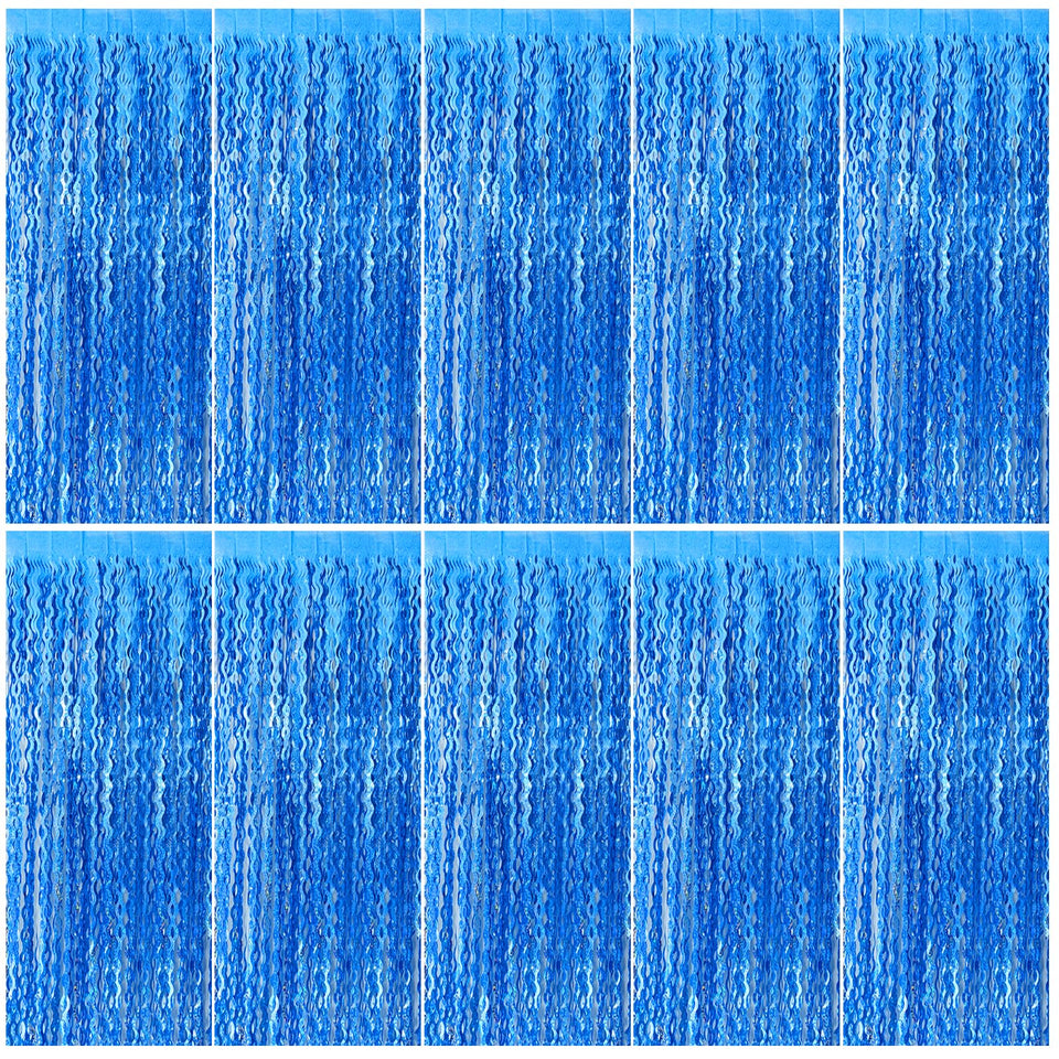 BOMSI blue wavy tinsel curtain over doorway adds party sparkle.