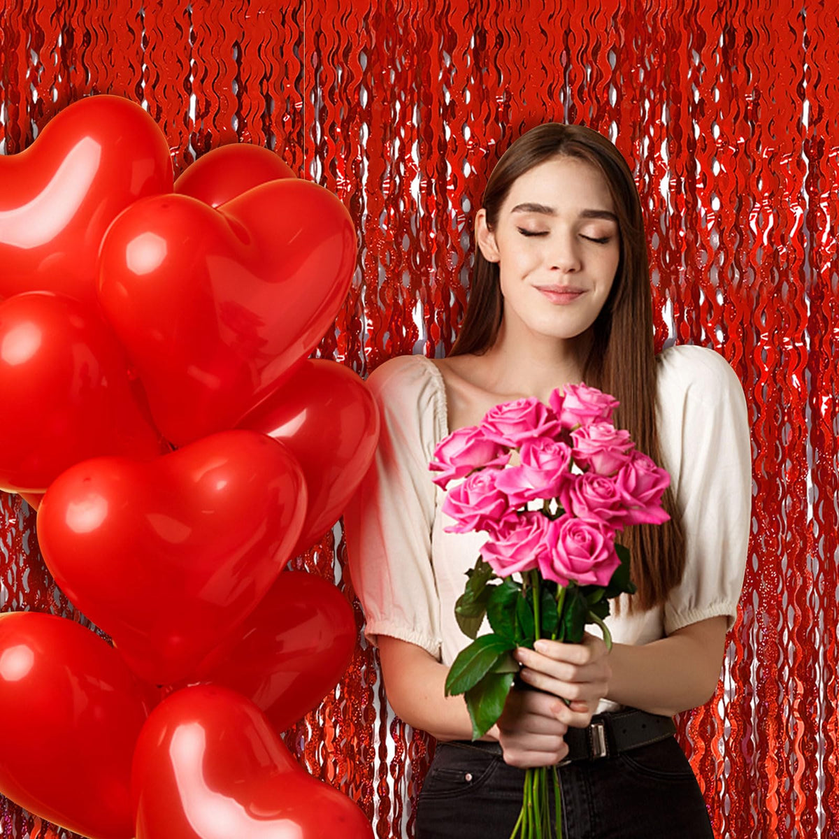 BOMSI foil fringe curtains elevate a photo booth with reflective party shimmer.
