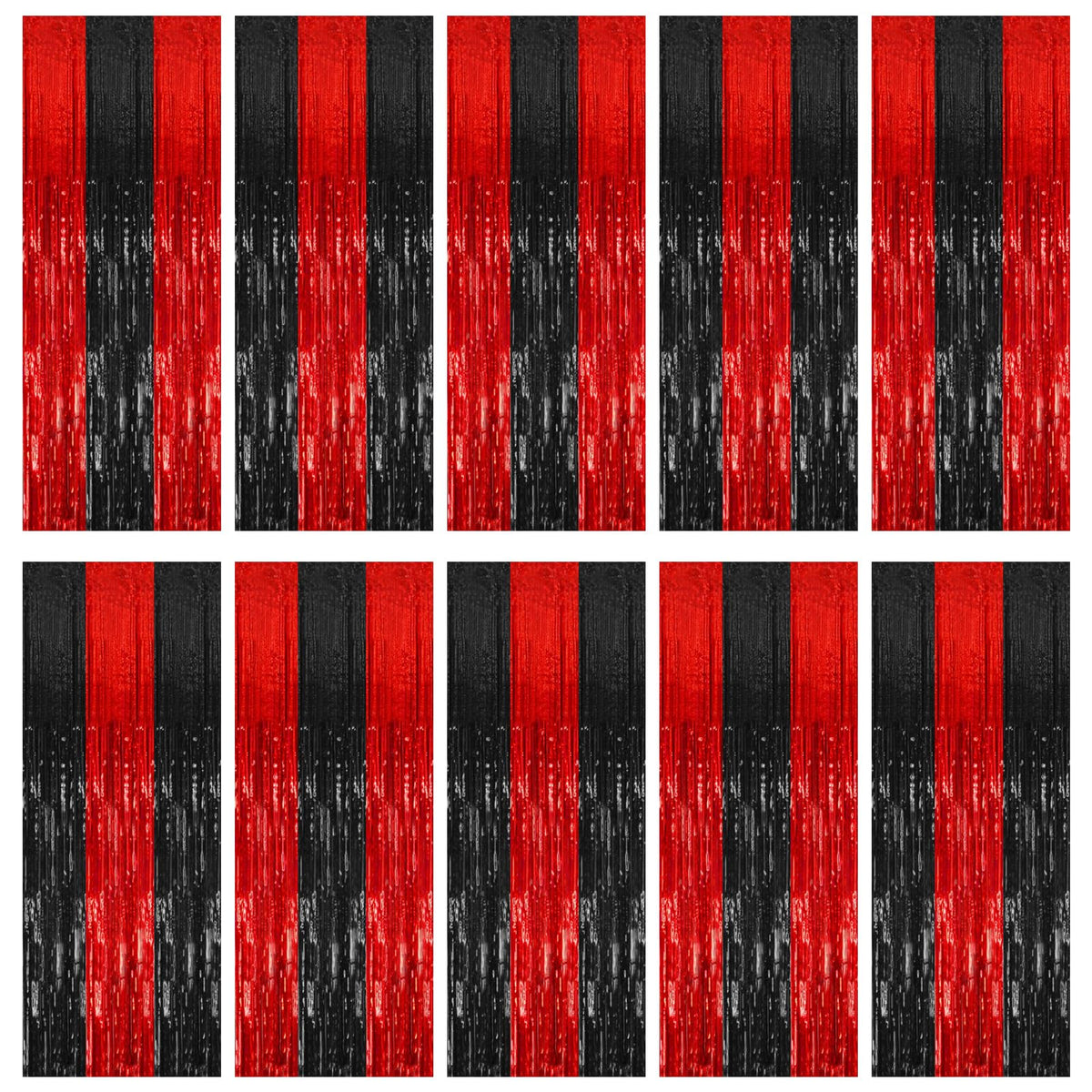 BOMSI front view of ten black and red foil tinsel curtains showing bold color and coverage