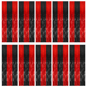 BOMSI front view of ten black and red foil tinsel curtains showing bold color and coverage