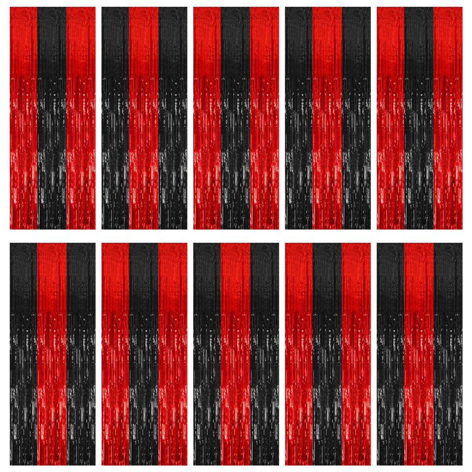 BOMSI front view of ten black and red foil tinsel curtains showing bold color and coverage