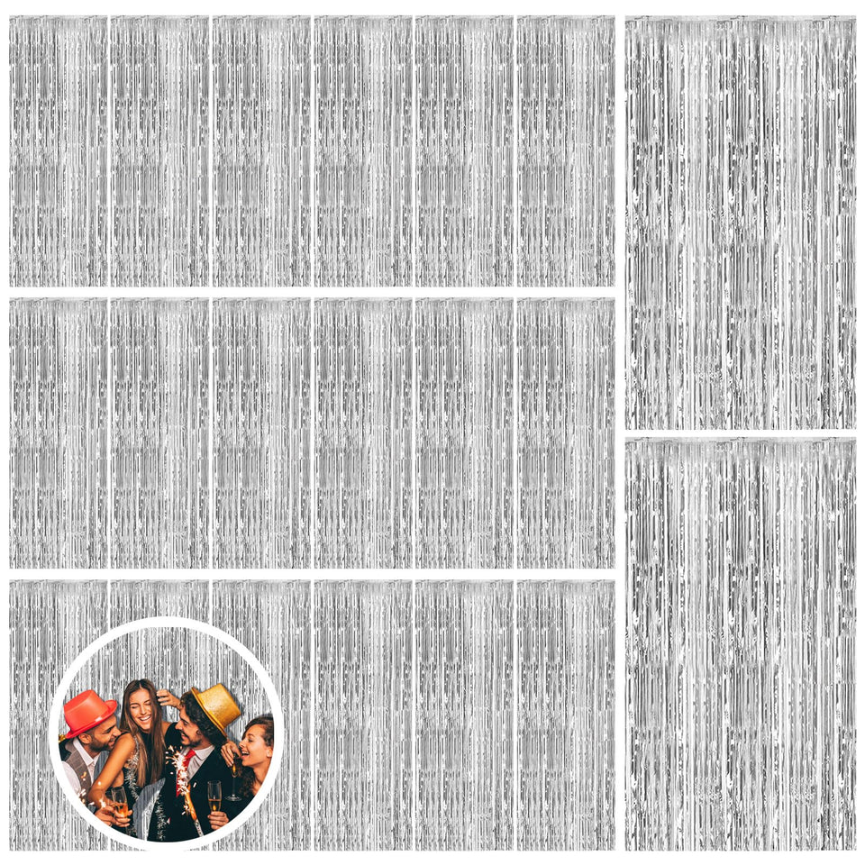 BOMSI front view of 20-pack silver foil curtains showing full set and packaging benefit