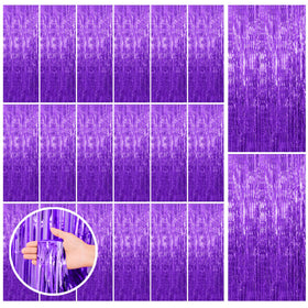 BOMSI front view of 20-pack purple tinsel backdrop showing multiple curtains and packaging benefit