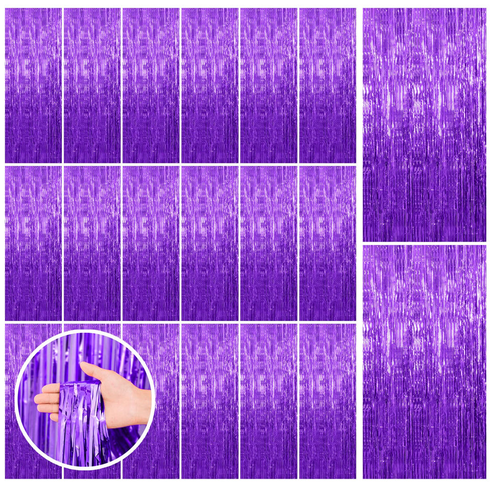 BOMSI front view of 20-pack purple tinsel backdrop showing multiple curtains and packaging benefit