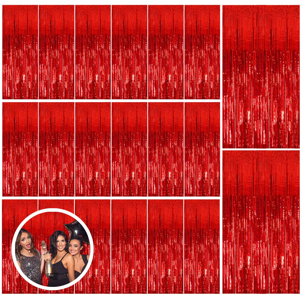 BOMSI front pack of red foil streamers showing contents and easy setup benefit