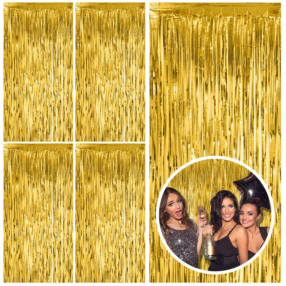 BOMSI gold fringe curtain backdrop in doorway creates striking entry and photo backdrop