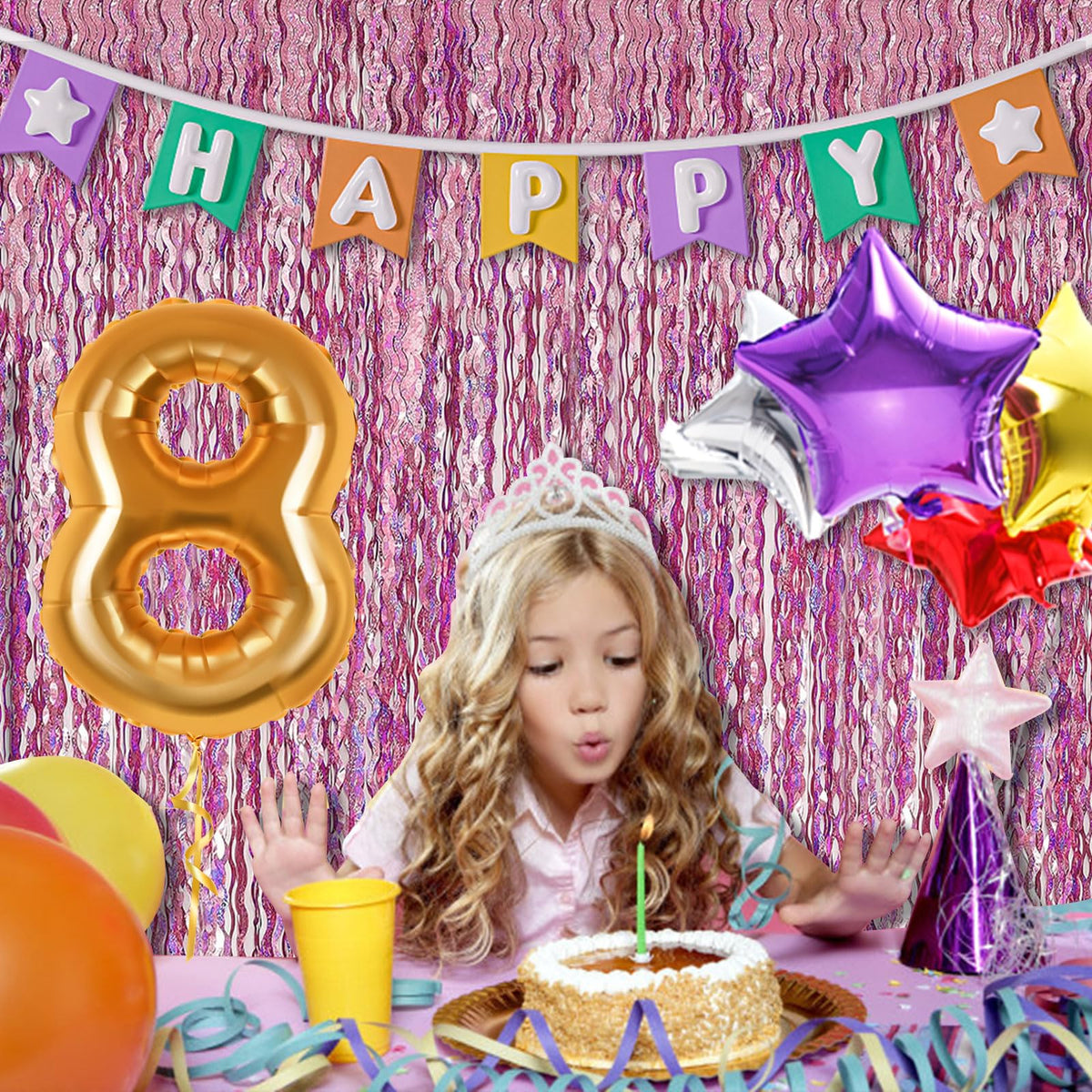 BOMSI holiday party foil curtain reflects light for celebration mood