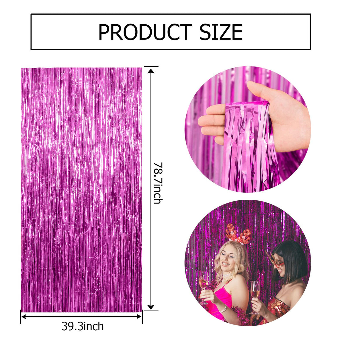 BOMSI hot pink tinsel backdrop pairs with balloons and banners for cohesive decor